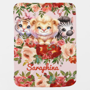 Safari Girl's Personalized Name Wildlife Pink Red Baby Blanket