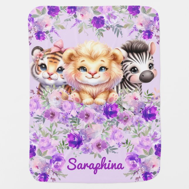 Safari Girl's Personalized Name Wildlife Purple Baby Blanket (Front)