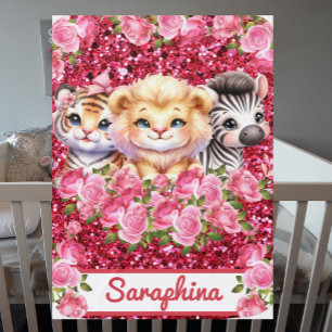 Safari Girl's Pink Faux Glitter Wildlife Animals Baby Blanket