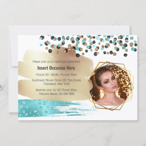 Safari gold blue cheetah spots confetti glitter invitation