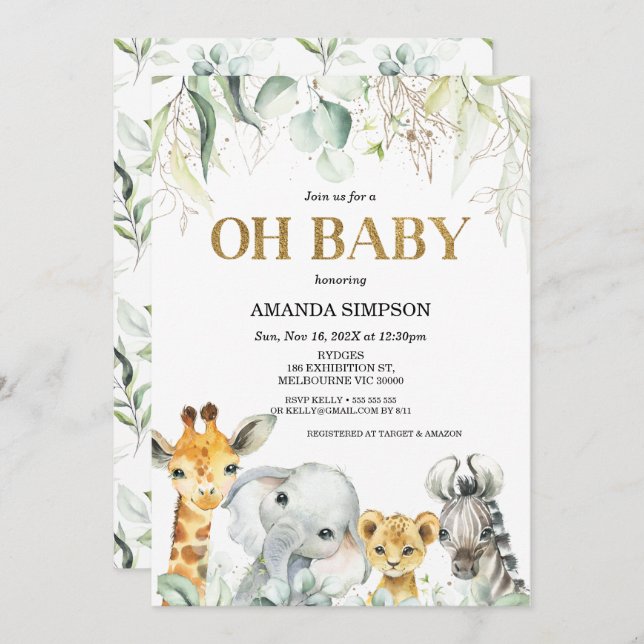 Safari Gold Green Foliage Baby Shower Invitation (Front/Back)