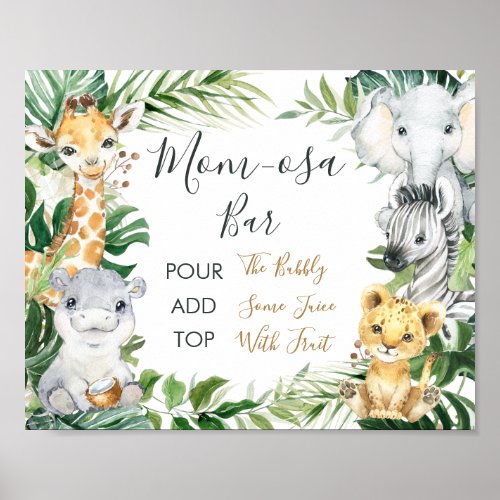 Safari Greenery Baby Shower Mom-osa Bar Sign - Safari Greenery Baby Shower Mom-osa Bar Sign

Sweet and bold safari animals baby shower mom-osa bar sign featuring five jungle animals and some foliage or greenery.  This safari baby shower sign is a sweet addition for at your safari themed baby shower. 