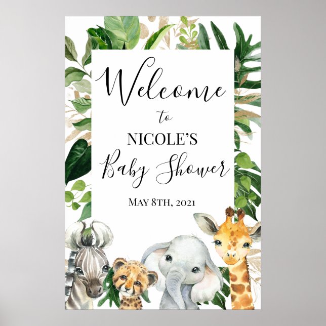 Safari Greenery Foliage Baby Shower Welcome Poster (Front)