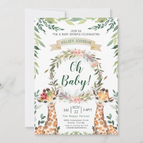 Safari Greenery Giraffe Oh Baby Shower Invitation