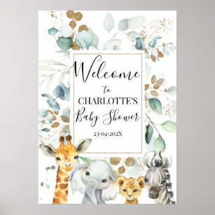 Safari Grey Gold Foliage Baby Shower Welcome Poster