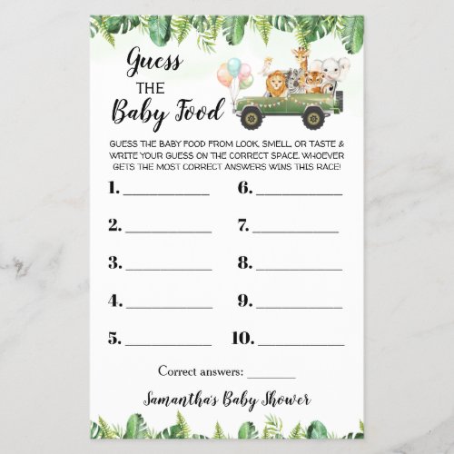 Safari Guess the Baby Food Baby Shower Game Card Flyer