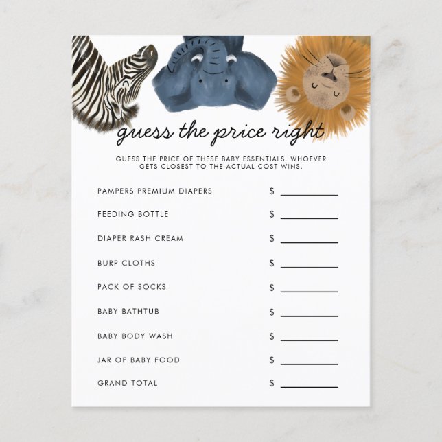 Safari Guess The Price Right Baby Shower Game (Front)