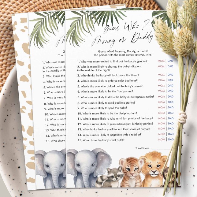 Safari Guess Who Mommy or Daddy, Baby Shower Game (Safari Animals, baby Boy Shower game, Guess Who, Mommy or Daddy?)