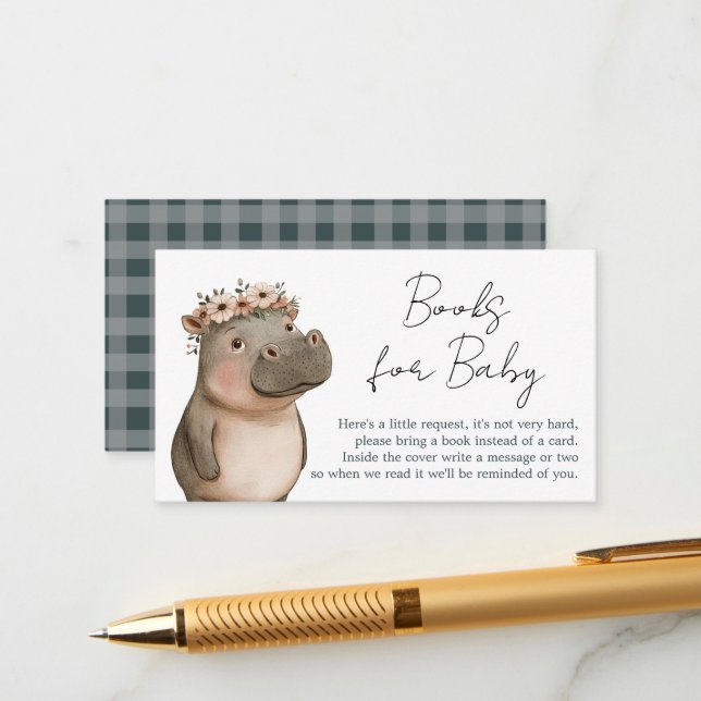 Safari Hippo Boho Baby Shower Books Enclosure Card (Front/Back In Situ)