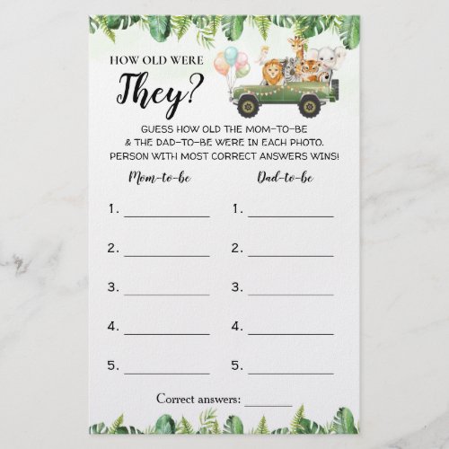 Safari How Old Were They Baby Shower Game Card Flyer