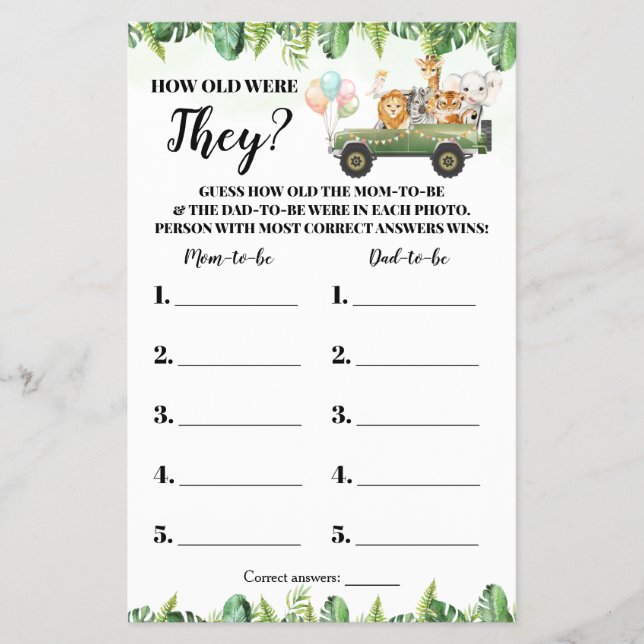 Safari How Old Were They Baby Shower Game Card Flyer (Front)
