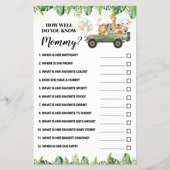 Safari How well do you know Mom Shower Game Card Flyer (Front)