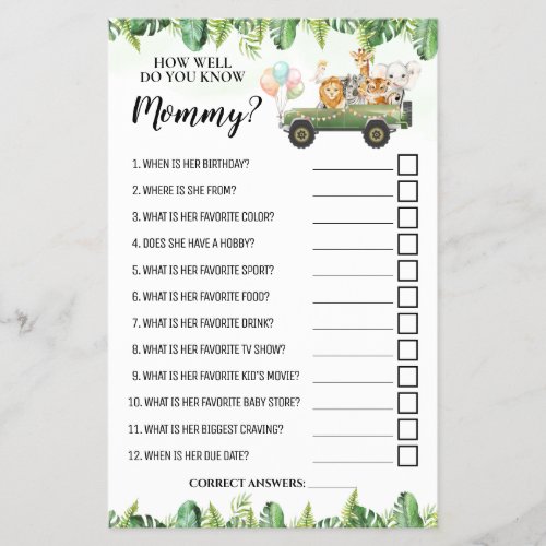 Safari How well do you know Mom Shower Game Card Flyer