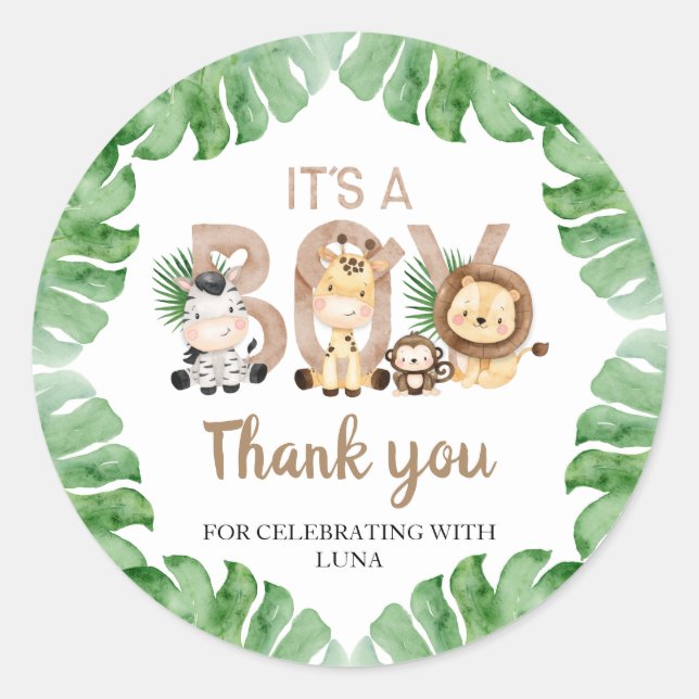 Safari It's a Boy Baby Shower Favor Classic Round Sticker (Front)