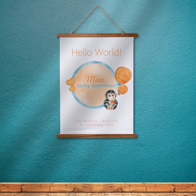 Safari Jungle Adventure Watercolor Monkey  Hanging Tapestry (Safari Jungle Monkey Orange Balloons Personalizable Birthday Poster)