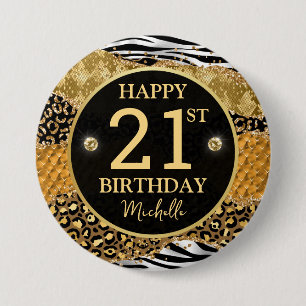 Safari Jungle Agate Gold Glitter 21st Birthday Button