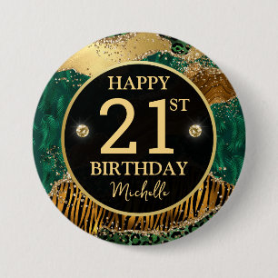 Safari Jungle Agate Gold Glitter 21st Birthday Button