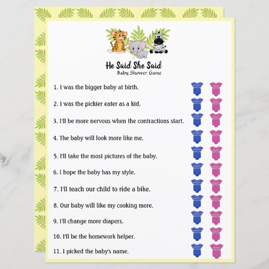 Safari Jungle Animal Baby Shower He Said She Said (Front/Back)