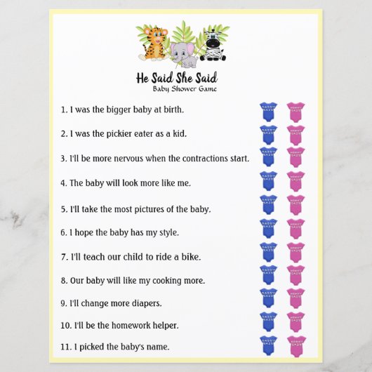 Safari Jungle Animal Baby Shower He Said She Said (Front)