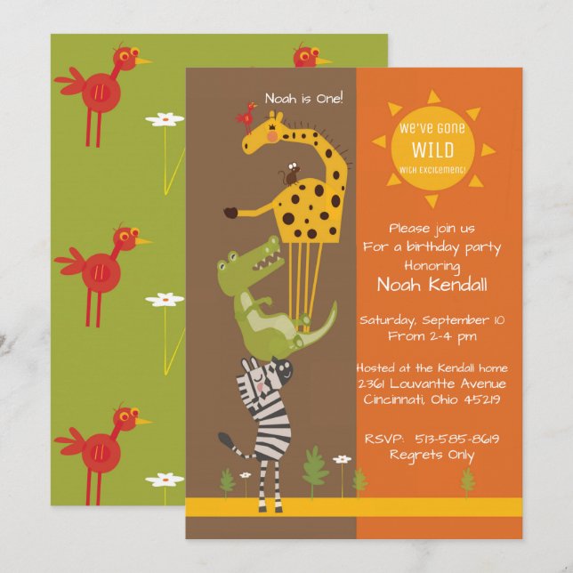Safari jungle animal birthday party invitation (Front/Back)