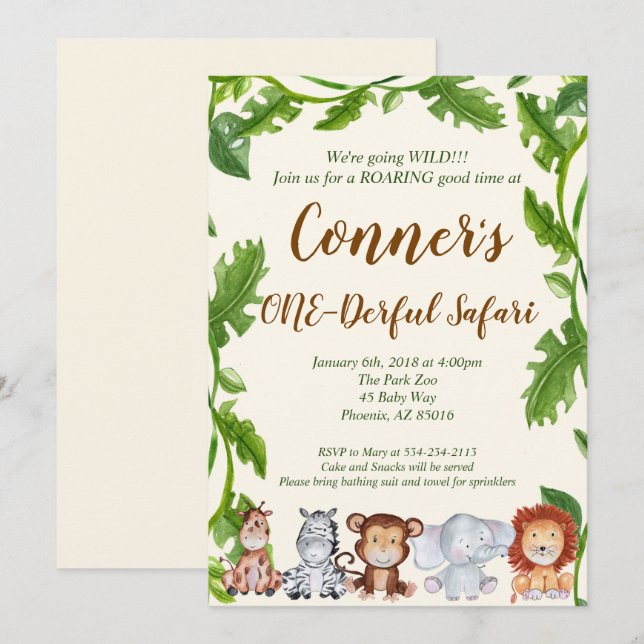 Safari Jungle Animal Birthday Party Invitation (Front/Back)