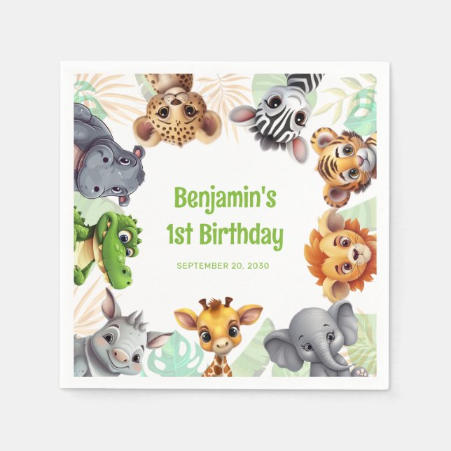 Safari Jungle Animal Child's 1st Birthday Party Napkins (Front)