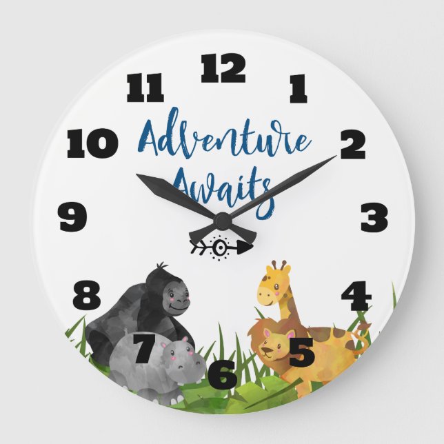 Safari Jungle Animal Illustration Adventure Awaits Large Clock (Front)