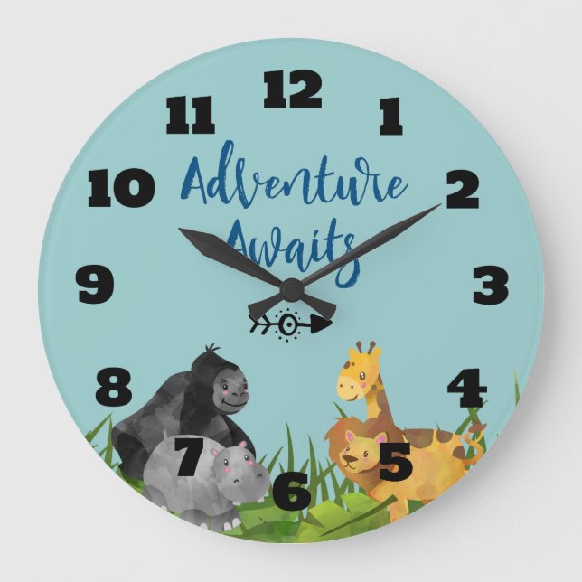 Safari Jungle Animal Illustration Adventure Awaits Large Clock (Front)