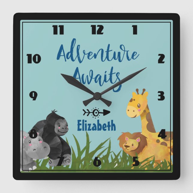 Safari Jungle Animal Illustration Adventure Awaits Square Wall Clock (Front)
