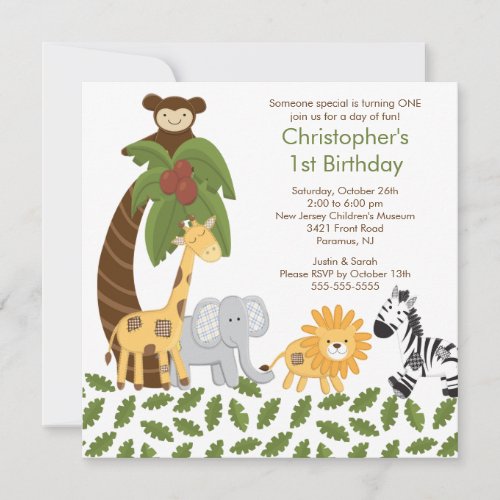 Safari Jungle Animal Kid Birthday Party Invitation