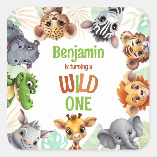 Safari Jungle Animal Kids Wild One Birthday Party Square Sticker
