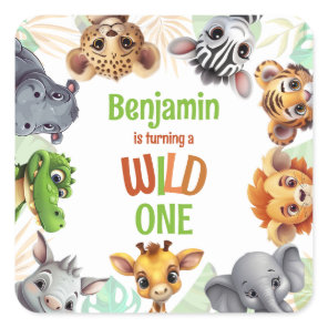 Safari Jungle Animal Kid's Wild One Birthday Party Square Sticker