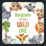 Safari Jungle Animal Kid's Wild One Birthday Party Square Sticker<br><div class="desc">This child's 1st birthday party sticker features an adorable safari jungle animal border and is accented with the cute text "Wild One". The animals include: leopard,  zebra,  rhinoceros,  tiger,  crocodile,  lion,  giraffe,  elephant and wild hog. Personalize this adorable sticker with the child's name.</div>