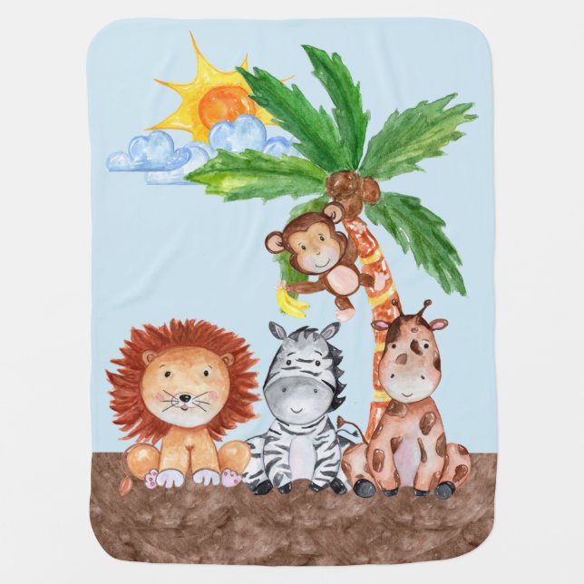 Safari Jungle Animal Name Birth Date Baby Blanket (Front)