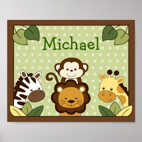 Safari Jungle Animal Nursery Wall Art Name Print