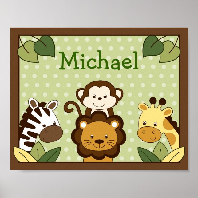 Safari Jungle Animal Nursery Wall Art Name Print (Front)