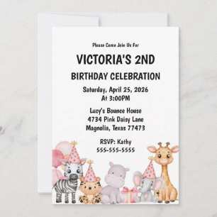 Safari Jungle Animal Pink Girls Birthday Invitation