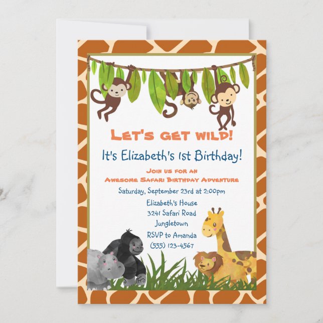 Safari Jungle Animal Theme Birthday Party Invite (Front)