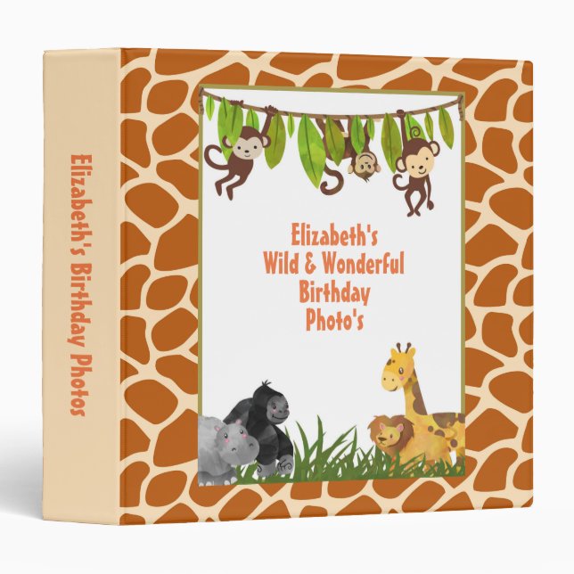 Safari Jungle Animal Theme Birthday Photo 3 Ring Binder (Front/Spine)