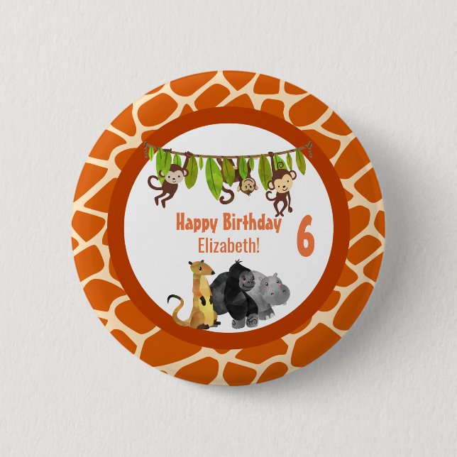 Safari Jungle Animal Theme Birthday Pinback Button (Front)