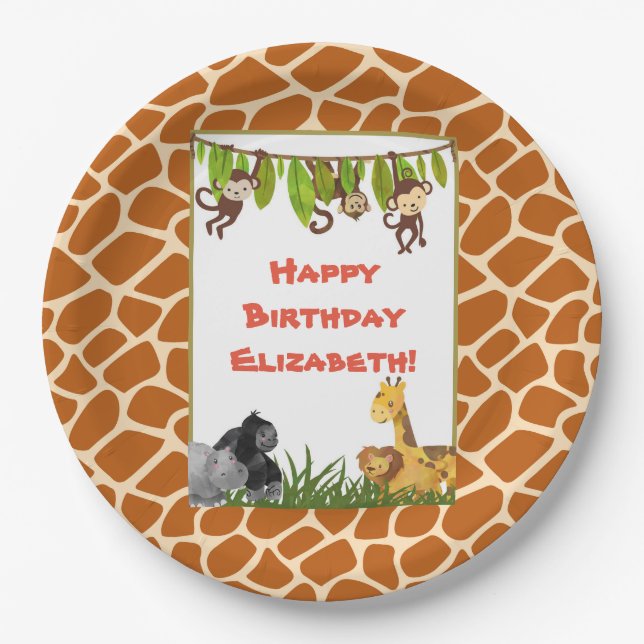 Safari Jungle Animal Theme Happy Birthday Paper Plates (Front)
