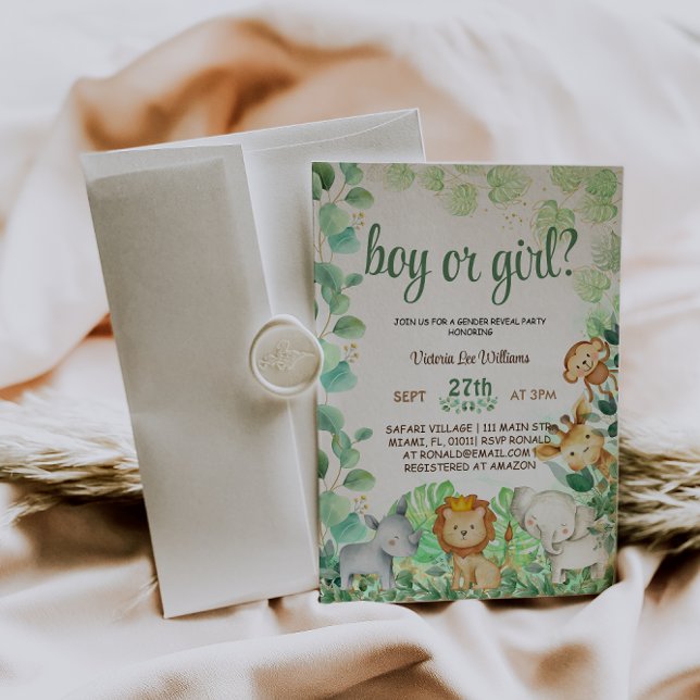 Safari Jungle Animal Watercolor gender reveal Invitation (Creator Uploaded)
