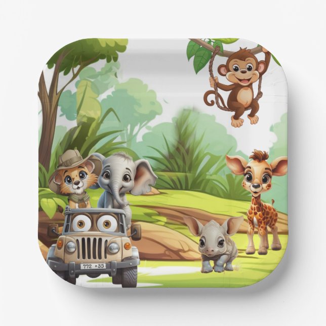 Safari Jungle Animal Wild One 1st Birthday Party Paper Plates (Front)