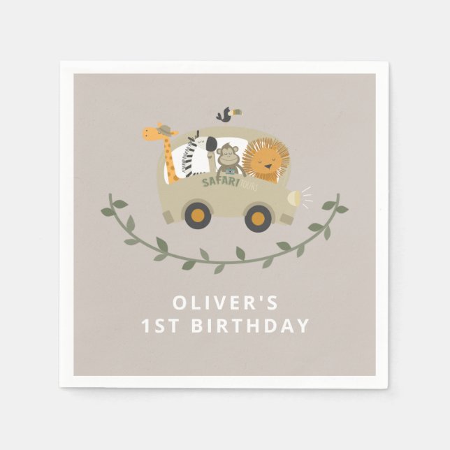 Safari Jungle Animals 1st Birthday Custom Name   Napkins (Front)