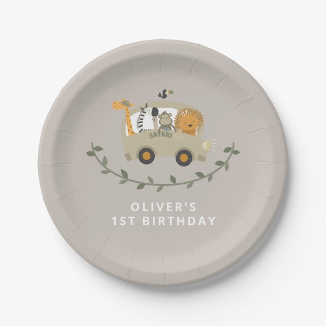 Safari Jungle Animals 1st Birthday Custom Name  Paper Plates (Front)