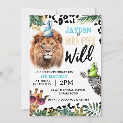Safari Jungle Animals 4th Four_Ever Wild Birthday Invitation