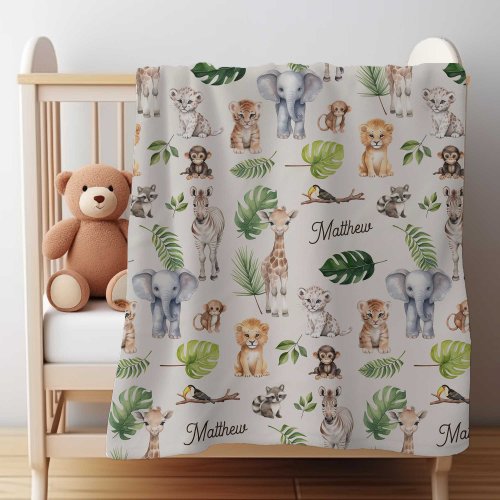 Safari Jungle Animals Baby Boy Personalized name Baby Blanket