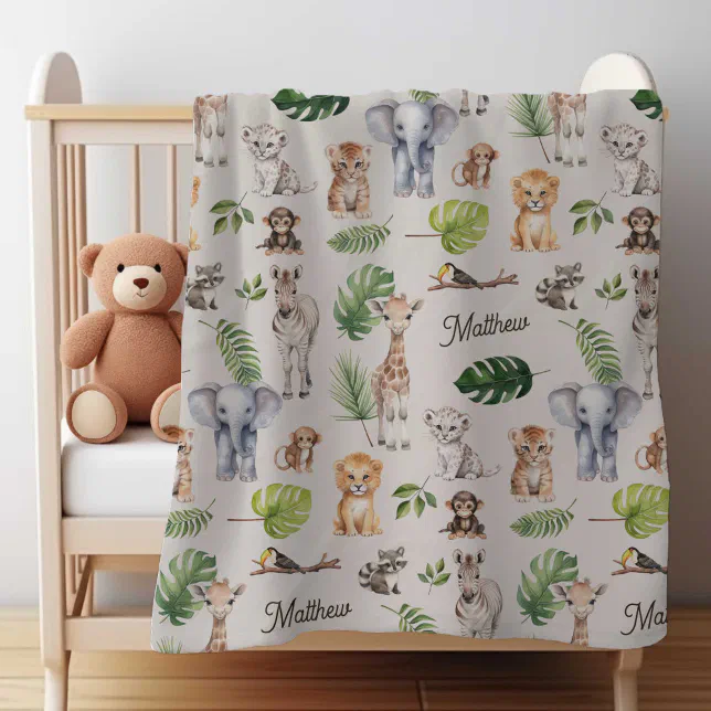 Safari Jungle Animals Baby Boy Personalized name Baby Blanket | Zazzle
