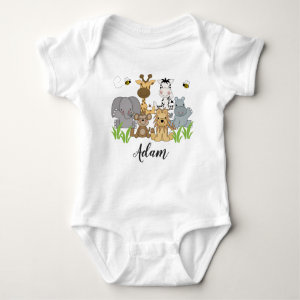 Safari Jungle Animals Baby Kids Name Baby Bodysuit