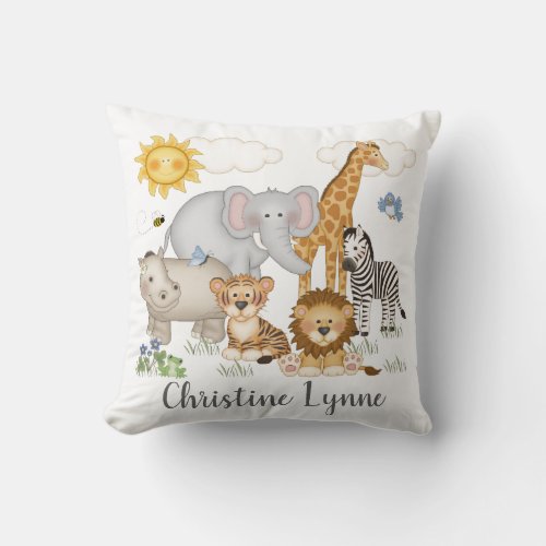 Safari Jungle Animals Baby Nursery Kids Girl Name Throw Pillow